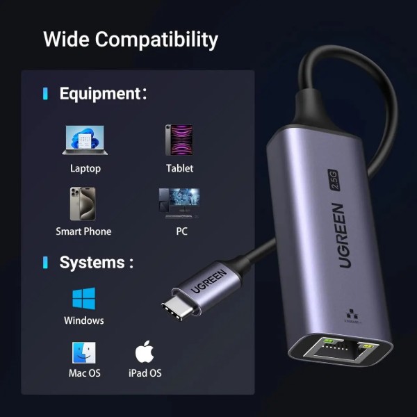 Фото - Переходник USB Type-C - RJ-45 UGREEN USB 3.0 Type-C --> Ethernet RJ45 2.5Gb CM648 Black (25052)